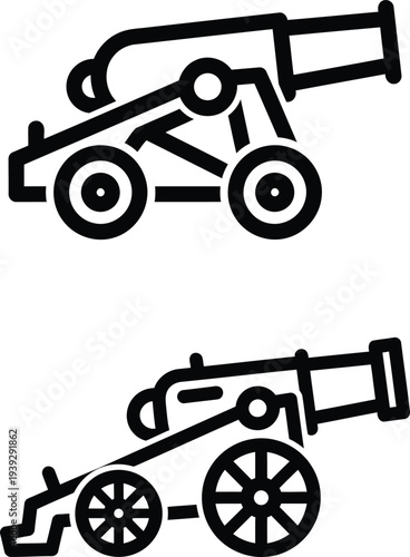 Two antique cannons with wheels on transparent background