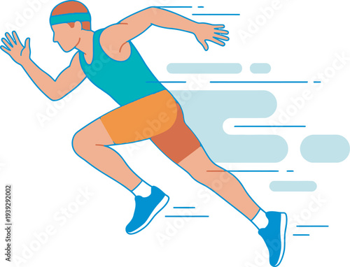 Flat vector illustration of a male sprinter in a teal tank top and orange shorts running at high speed. Dynamic motion blur design for track and field logos and athletic branding.