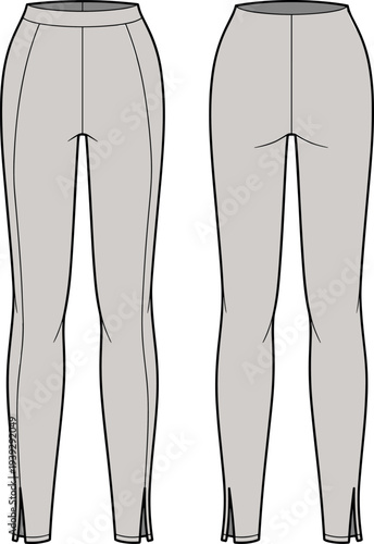 Technical fashion flat sketch of women high waisted skinny leggings with front seam detail and inner ankle split hem featuring front and back views.