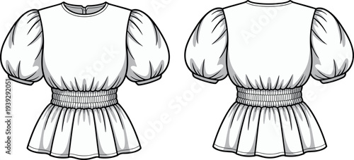 Technical fashion flat sketch of women round neck puff sleeve peplum top with smocked waist detail and gathered bodice including front and back views.