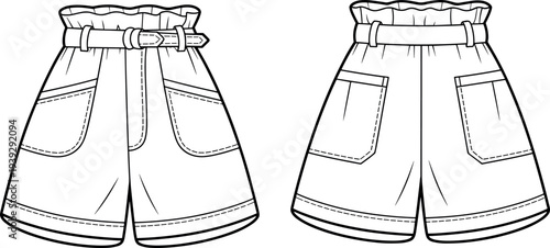 Technical fashion flat sketch of women square neck puff sleeve peplum top with smocked waist detail and gathered bodice including front and back views.