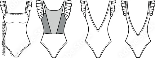 Art & IllustrationTechnical Fashion Flat Sketch of Women's One Piece Swimsuits Featuring Ruffle Shoulder Straps, Square Neckline, Deep V-Back, Contrast Panels, and Front-Back Vector Templates