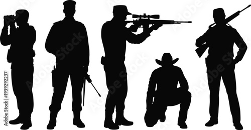 Silhouette of Soldiers and Hunter with Rifles and Binoculars on White Background military army