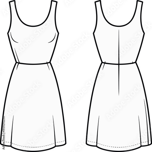 MobileTechnical Fashion Flat Sketch Set of Women's Sleeveless A-Line Mini Dress and Apron Style Tunic Featuring Front Pocket Detail for Apparel Design Tech Packs