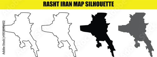 Rasht iran map silhouette designs displaying geographical borders in thin line solid black and halftone dot variations