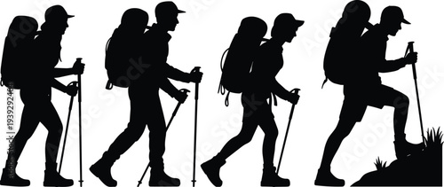 Silhouettes of hikers with backpacks and trekking poles walking in a line on a white background hiking