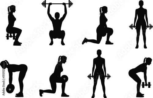 Silhouettes of women performing various weightlifting exercises with dumbbells and barbells on a white background