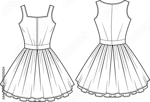 Technical fashion sketch of a sleeveless scoop neck tunic top with a curved hem paired with a pleated mini skirt for apparel design templates.