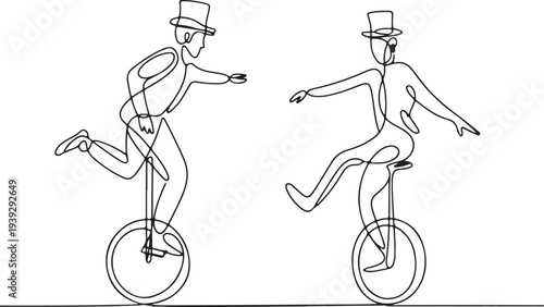 Two elegant men in top hats balancing on unicycles isolated on white background