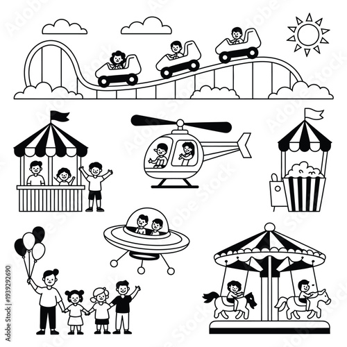 Black and white amusement park scene with roller coaster, helicopter, family, and carousel