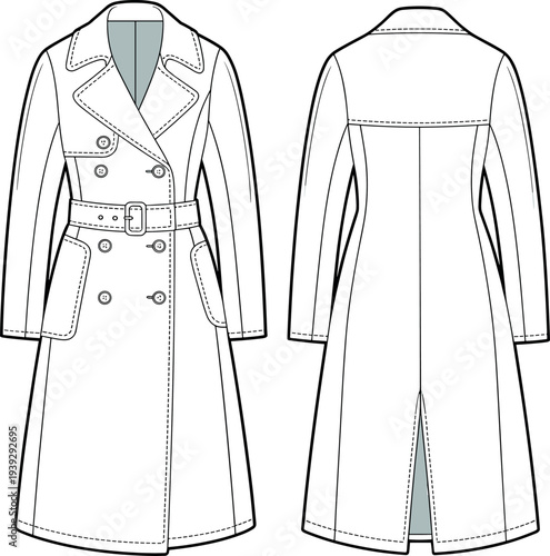 MobileTechnical fashion sketch of a women classic double breasted trench coat with waist belt and collar details isolated on white background vector illustration.
