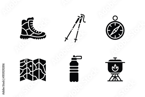 Black and white camping gear set hiking boot hiking pole