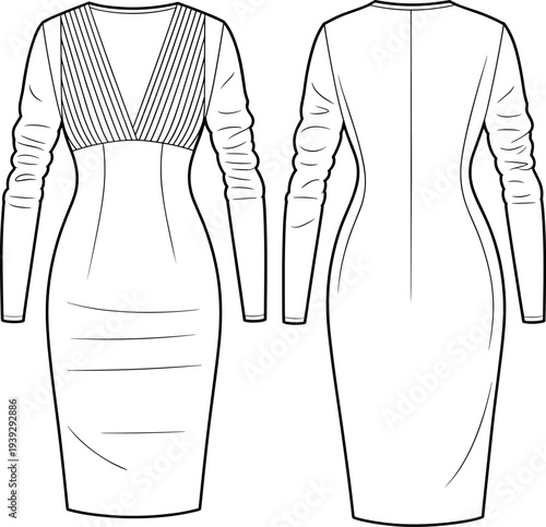 MobileTechnical fashion sketch of a women long sleeve bodycon midi dress featuring a deep V-neckline with pleated bodice detail isolated on white background vector.