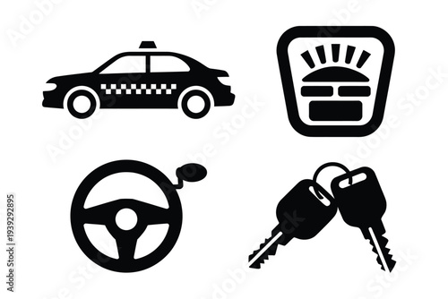 Black and white car including taxi steering wheel and keys