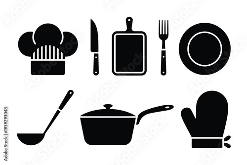 Black and white cooking utensils and kitchen chef hat