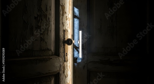 Old wooden door cracked open revealing light and shadows, mysterious entrance, fear