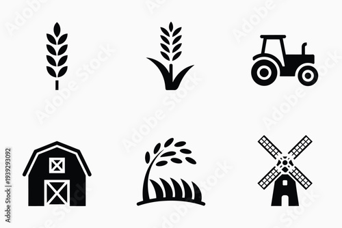 Black and white farm and agriculture set wheat tractor