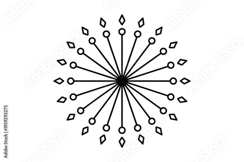 Black and white geometric radial pattern with circles and diamonds