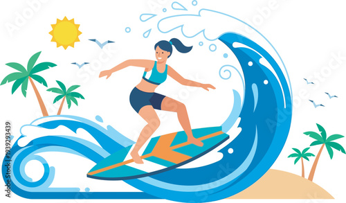 Flat vector illustration of a female surfer riding a massive blue wave by a tropical beach with palm trees. Vibrant summer design perfect for travel branding and vacation graphics.