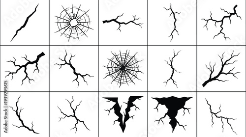 Flat vector illustration of cracked surface patterns, broken glass effect, fracture textures, damage silhouettes, abstract shattered design collection