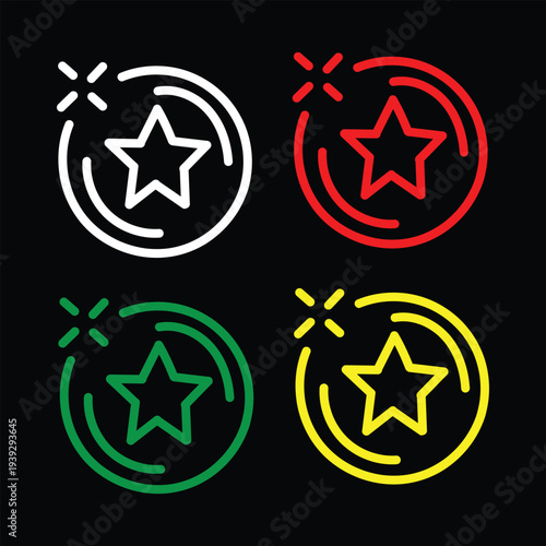Game money, winner's award, best prize, outline icons. Line signs shining token coin with five-pointed star. Vector isolated pictograms for web and app on white background editable stroke.