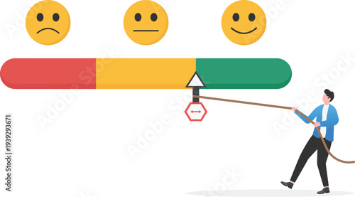 Businessman Pulling Progress Meter from Sad to Happy