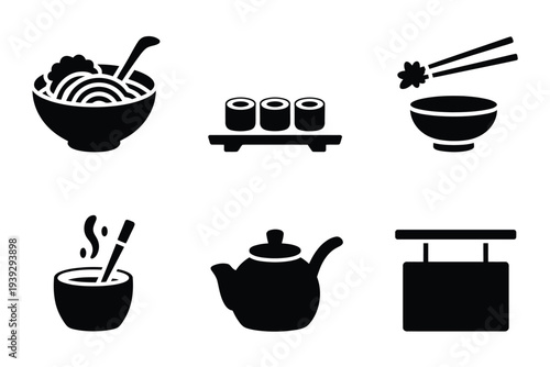 Black and white of japanese food and utensils sushi