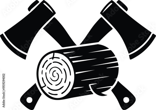Crossed Woodchopper Axes on Tree Stump Graphic, vector, illustration, silhouette.