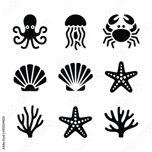 Black and white of sea creatures and octopus jellyfish