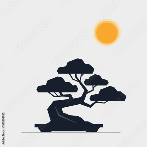 Minimalist Bonsai Tree Silhouette Under Sun
