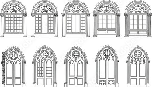 Architectural window silhouettes, classical arch design, Gothic tracery outline, quatrefoil motif figure, ornate pane illustration, historic building art