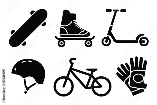 Black and white of skateboard, rollerblade, scooter, helmet, bicycle, and gloves
