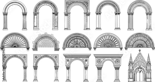 Architectural arch silhouettes, classical Romanesque design, Gothic tracery outline, ornate church facade figure, decorative building illustration, historic art motif