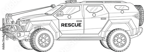 Rescue vehicle silhouette, armored emergency truck, off road design, disaster response icon, rugged transport illustration, black emergency figure