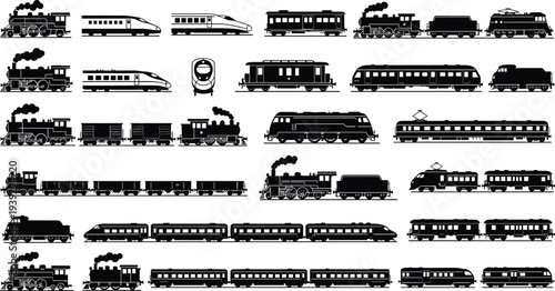 Train silhouette collection, steam locomotive, modern high speed rail, passenger car outline, freight transport design, railway illustration, black figure