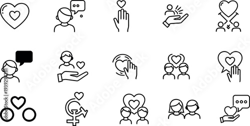 Collection of black and white line icons depicting love and relationships