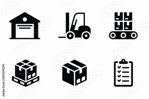Black and white of warehouse, forklift, boxes, and checklist