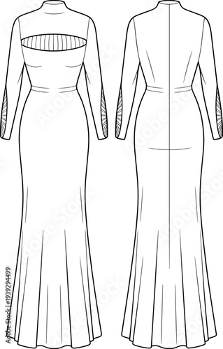 Technical fashion sketch of a women long sleeve mock neck bodycon maxi dress featuring a chest cut out detail isolated on white background.