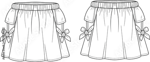 Technical fashion sketch of a women off the shoulder mini skirt with elastic waistband and side bow details isolated on white background vector.