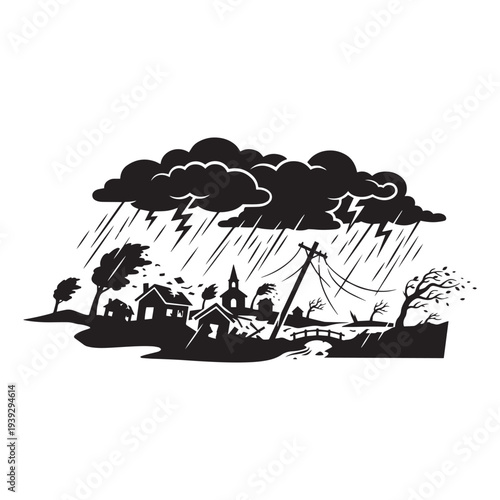 Severe Thunderstorm and Flooding Over a Rural Town

