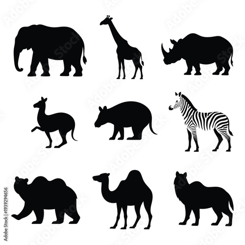Black and white silhouettes of various animals in style