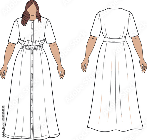 Technical fashion sketch of a women short sleeve button front maxi dress featuring a ruffled waistline and grommet belt isolated on white background.