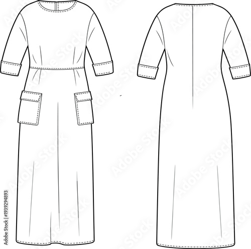 Technical fashion sketch of a women short sleeve scoop neck basic t-shirt with curved hemline isolated on white background vector illustration template.