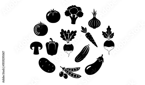 Organic vegetable silhouette icons collection farm food vector isolated on white