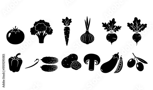 Farm vegetable silhouettes vector icons organic food collection isolated on white