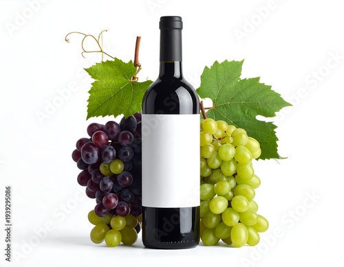 Wine bottle stands amidst purple and green grapes with accompanying leaves, set against a clean white background