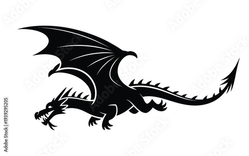 Black dragon silhouette with wings and tail extended