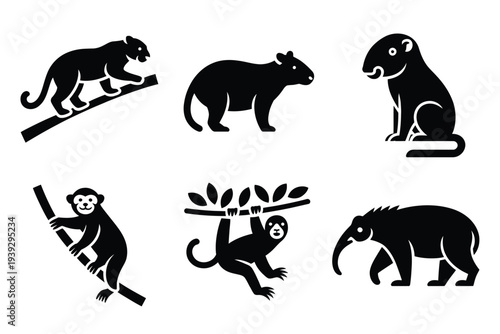 Black silhouettes of animals on branches and ground