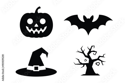Black halloween jack o lantern witch hat bat and tree