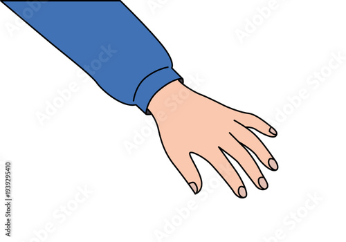 Brazo con manga azul y mano abierta en posición de alcanzar o tocar algo